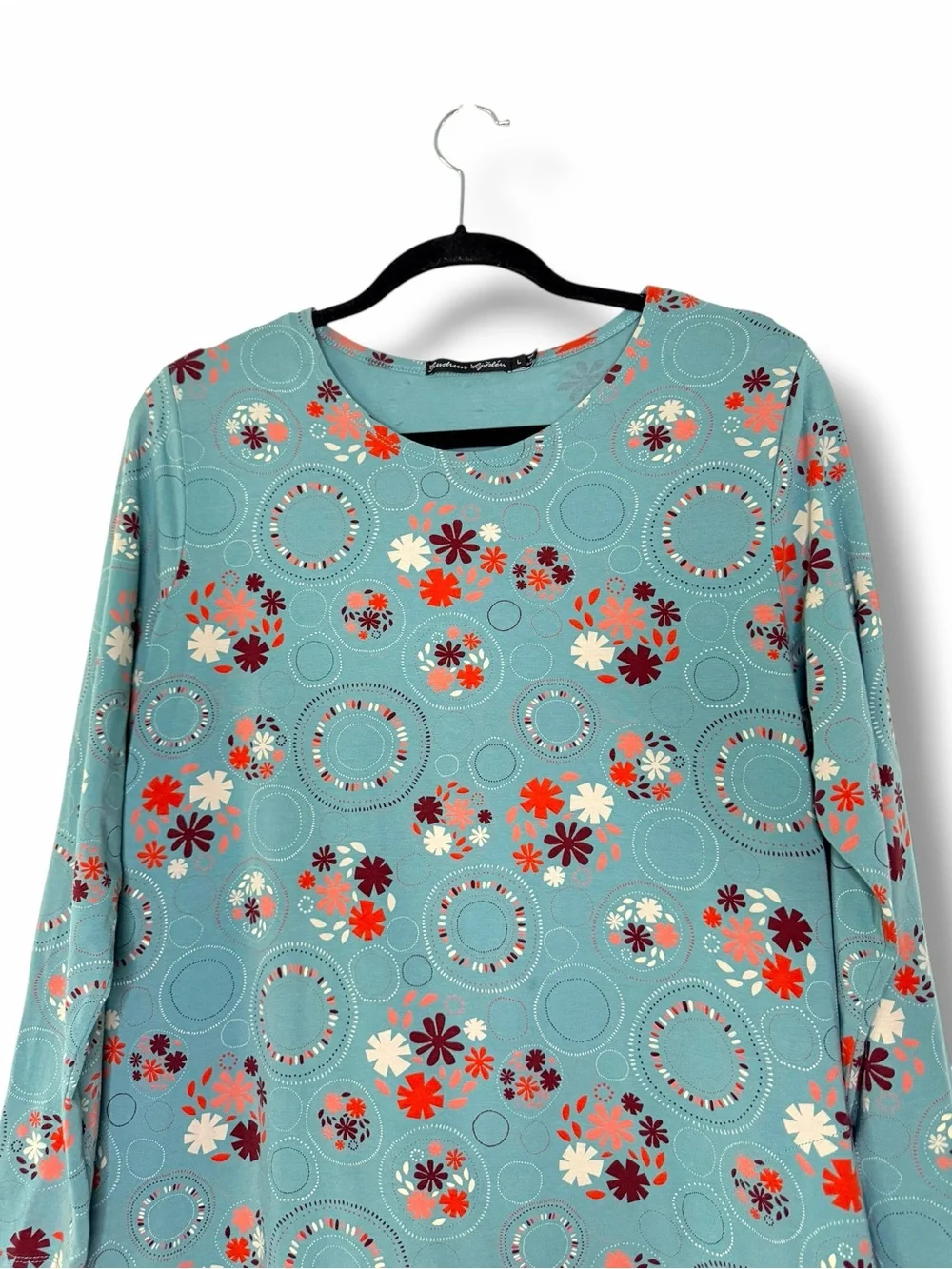 Gudrun Sjoden Teal Floral Artsy Swing Tunic Dress Lagenlook Organic Cotton Large - Picture 3 of 10